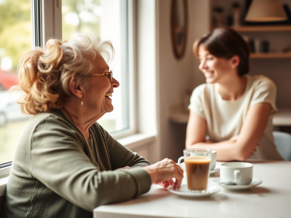 Older woman laughing while chatting with a friend over coffee
