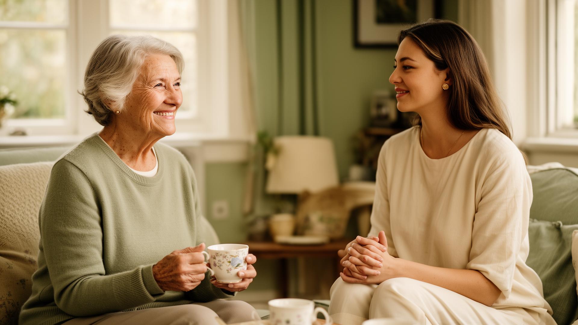 Caring Befriender companion sharing tea and conversation with an older woman